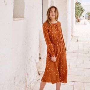 Sezane Julia dress polka dot camel rust silk midi open back
